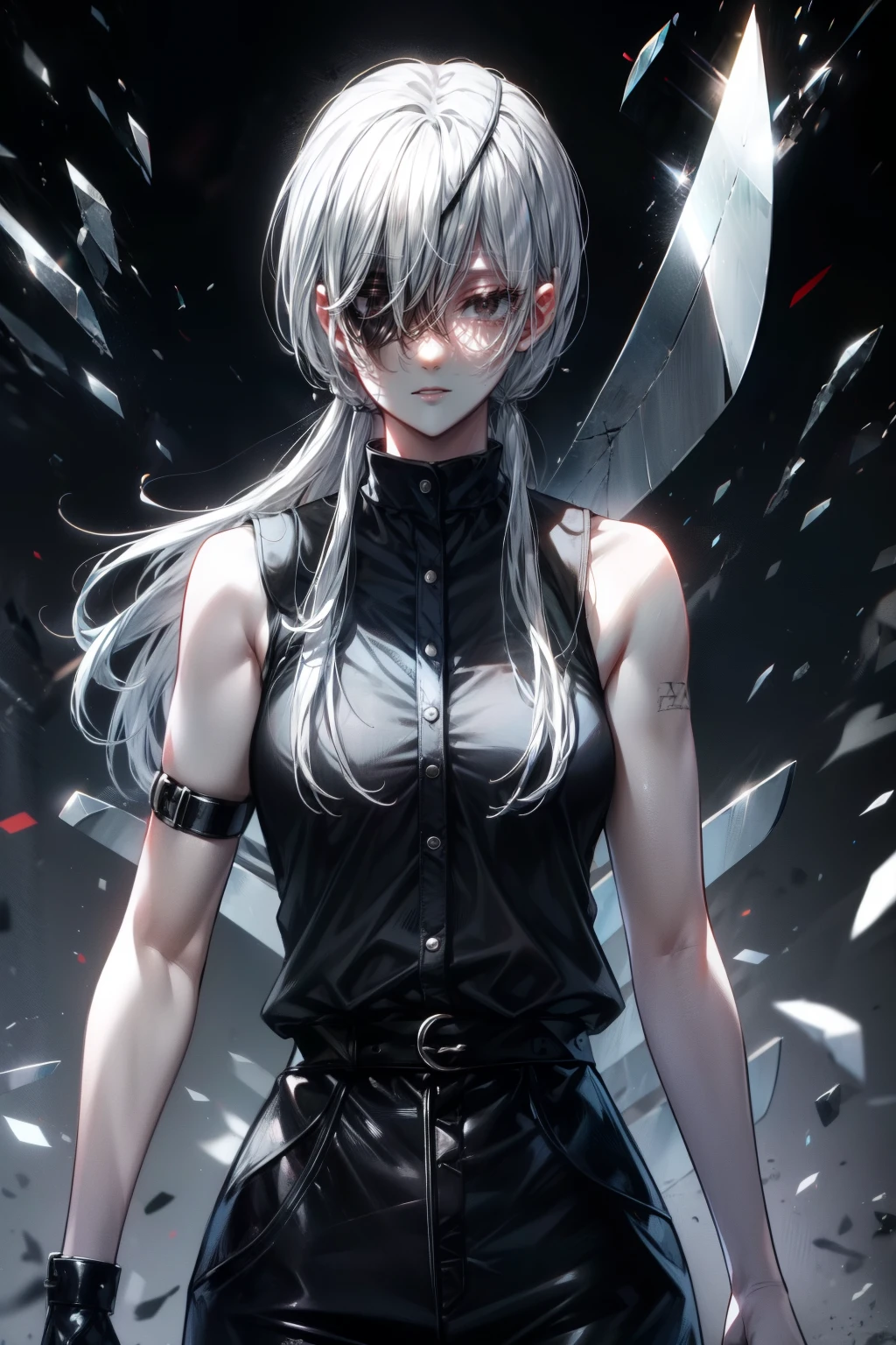 High quality, high detail, beautiful, beautiful face, white skin, sleepy eyes, black eyes, calm facial features, black eyepatch on the left eye, medium-length silver hair, slim, athletic body, black shirt with cut-off sleeves،Black pants, three swords at her waist, holding a sword, Attacking position , bloody background, Quanxi from Chainsaw Man 