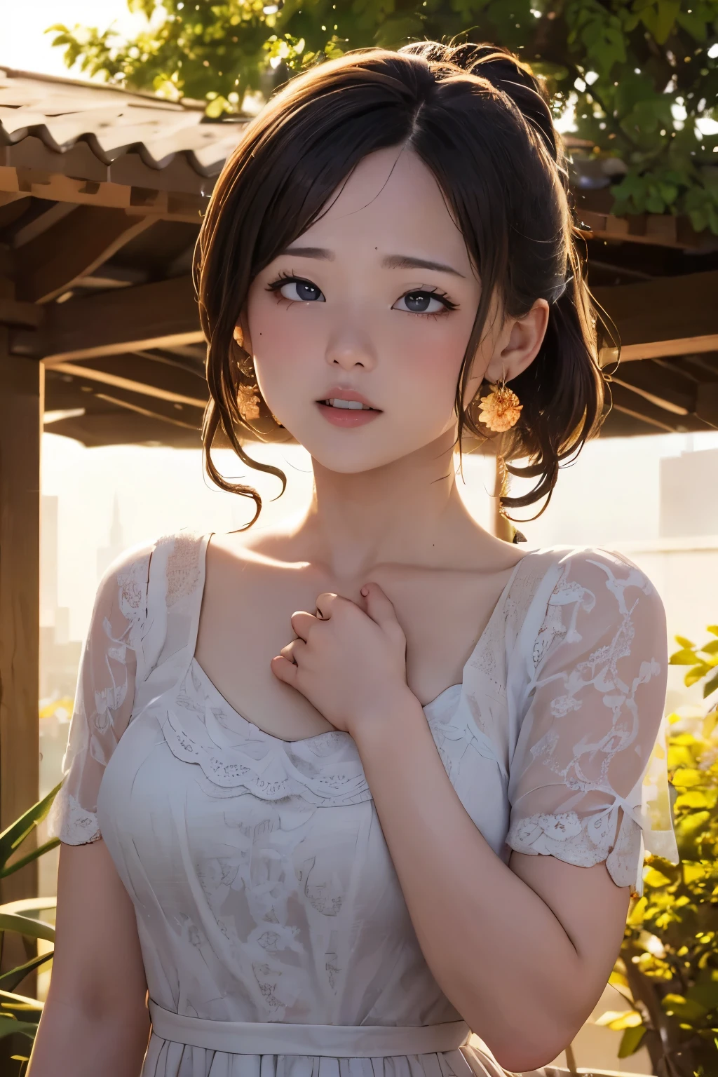 high-definition image, (((round face))), eyes realistic sizing, realistic skin, drooping eyes, smiling, ecstasy face, ((various patterned feminine casual long dress)), (strong sunlight, old fashion), skyscrapers, hair up, tiny earrings, ((touching chest)),