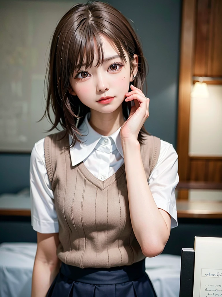 Masterpiece, Top Quality, Top Mikoto, brown eyes, short hair, small breasts, looking at viewer, alone, closed mouth, collared shirt, beige knit vest, dark blue  Skirt, school_uniform, shirt, white_shirt, classroom,Masterpiece, highest quality, 8K, detailed skin texture, fine cloth texture, beautiful detailed face, intricate details, super detailed,cute,cute posing,composition that shows the whole body,