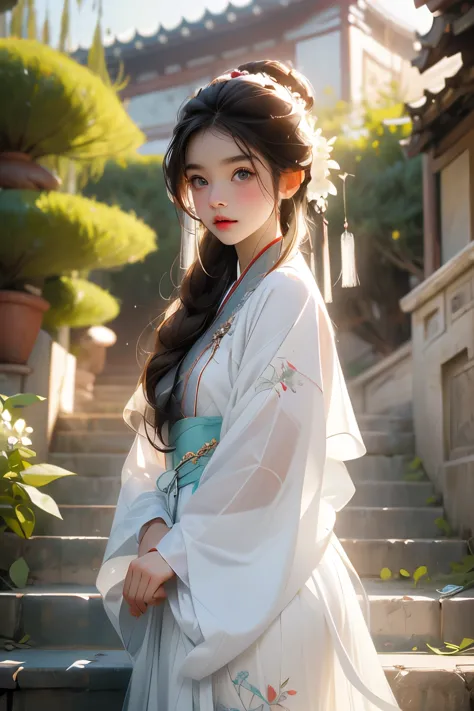 (masterpiece), (best quality), RAW photo, girl, Hanfu, white Hanfu, simple Hanfu, stand, white flowers background, stair, outdoo...