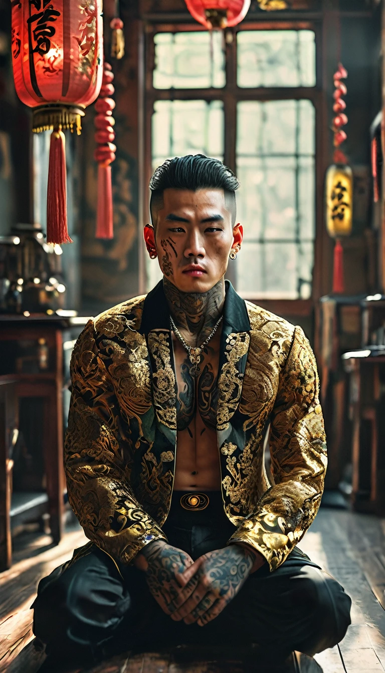 A Yakuza member receiving a traditional irezumi tattoo, marking their commitment to the organization for life, gold skin, gold effects, detail, shot, dramatic, daylight, indoor studio lights, medium shot , highly detailed, vibrant, detailed textures, medium shot, ultrawide, full length shot, realistic, bright, ultrarealistic, realistic focus face, bright scene, city, 8k ,hyper realistic, ultra detailed hyper realistic, photorealistic, Studio Lighting, reflections, Cinematic, historical accuracy, Color Grading, Photography, Shot on 50mm lens, Depth of Field, hyper-detailed, beautifully color, 8k