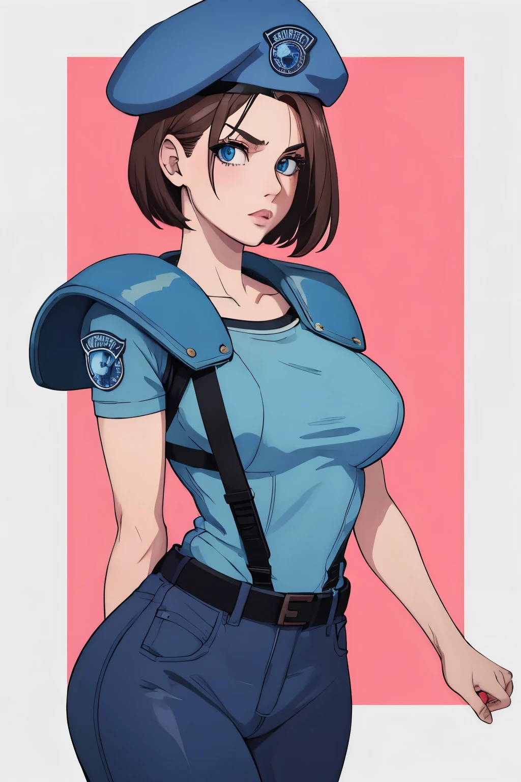 Jill Valentine, Meisterwerk, beste Qualität, 1 Mädchen, Allein, Stehen, jillre1, Baskenmütze, Uniform, Schulterpolster, kurze Ärmel, Geschirr, belt, Hose, unbewegliches Muster, Große Brüste, Großer Arsch, Sie zeigt die Seite, gespreizte Beine, Großer Arsch, Dekollete, Große Brüste, sie blickt zur Seite, 