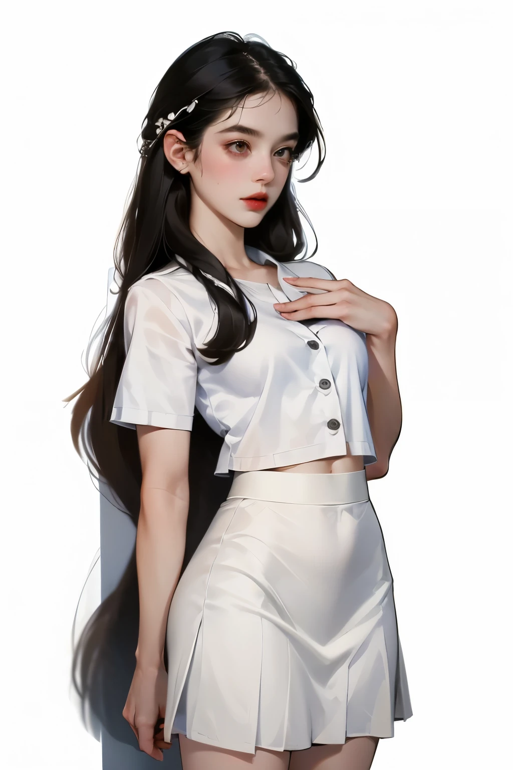 You can tell from the white shirt (((masterpiece, best quality)), No panties, 1 girl, (Reality: 1.4), Solitary, White background, Black Hair, long hair, Absolute area, skirt, ((whole body)),  