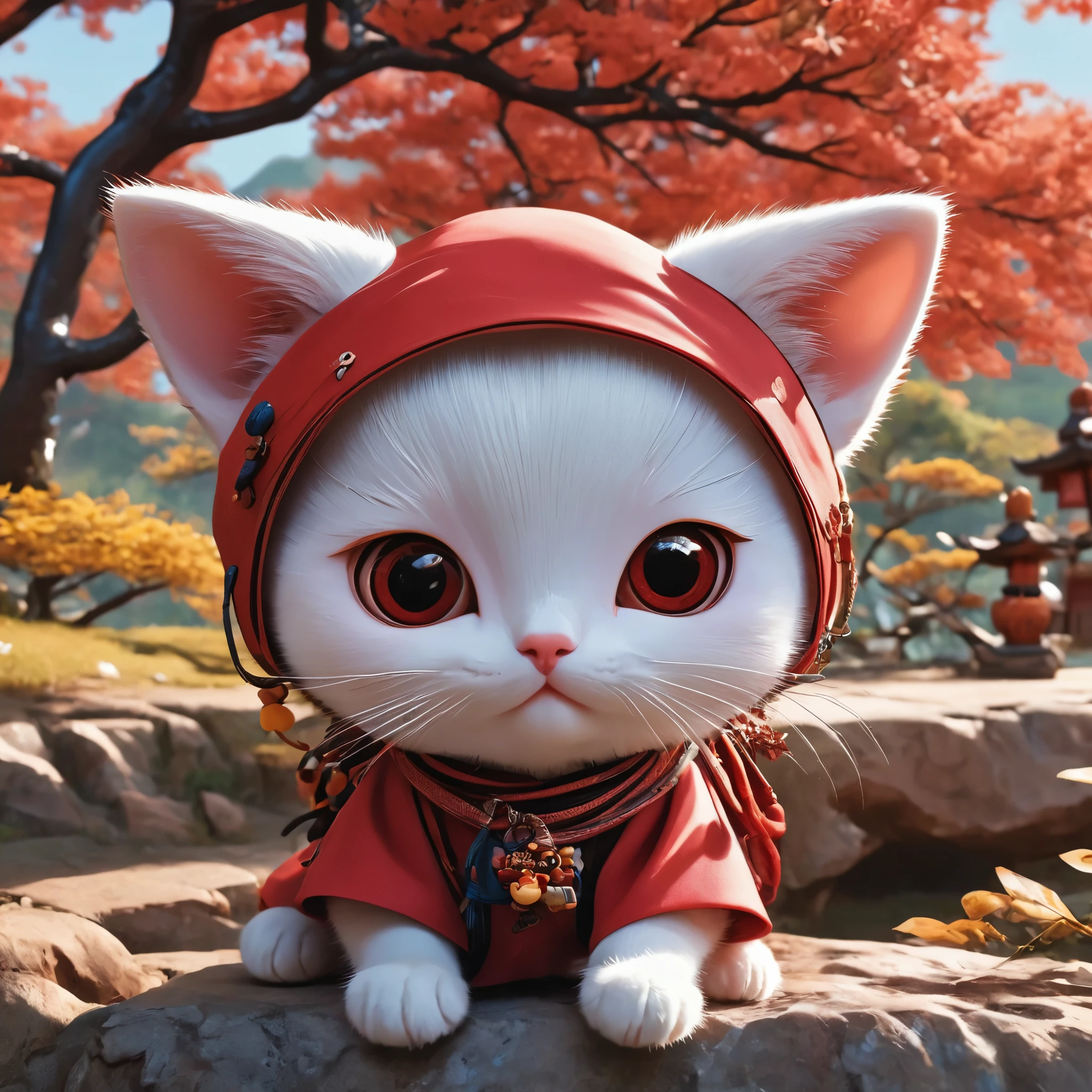 ((cartoon《Red Cliff》style)), Looks cute in the park、Kitten has cute eyes, Dynamic Angle, Depth of Field