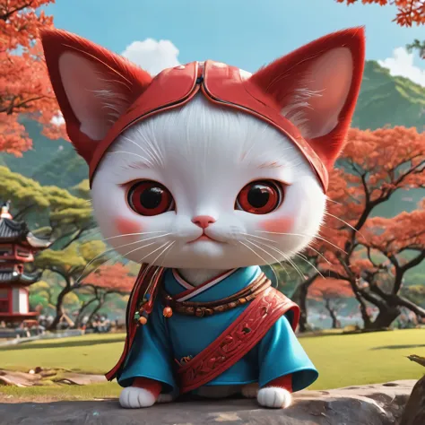 ((cartoon《Red Cliff》style)), Looks cute in the park、Kitten has cute eyes, Dynamic Angle, Depth of Field
