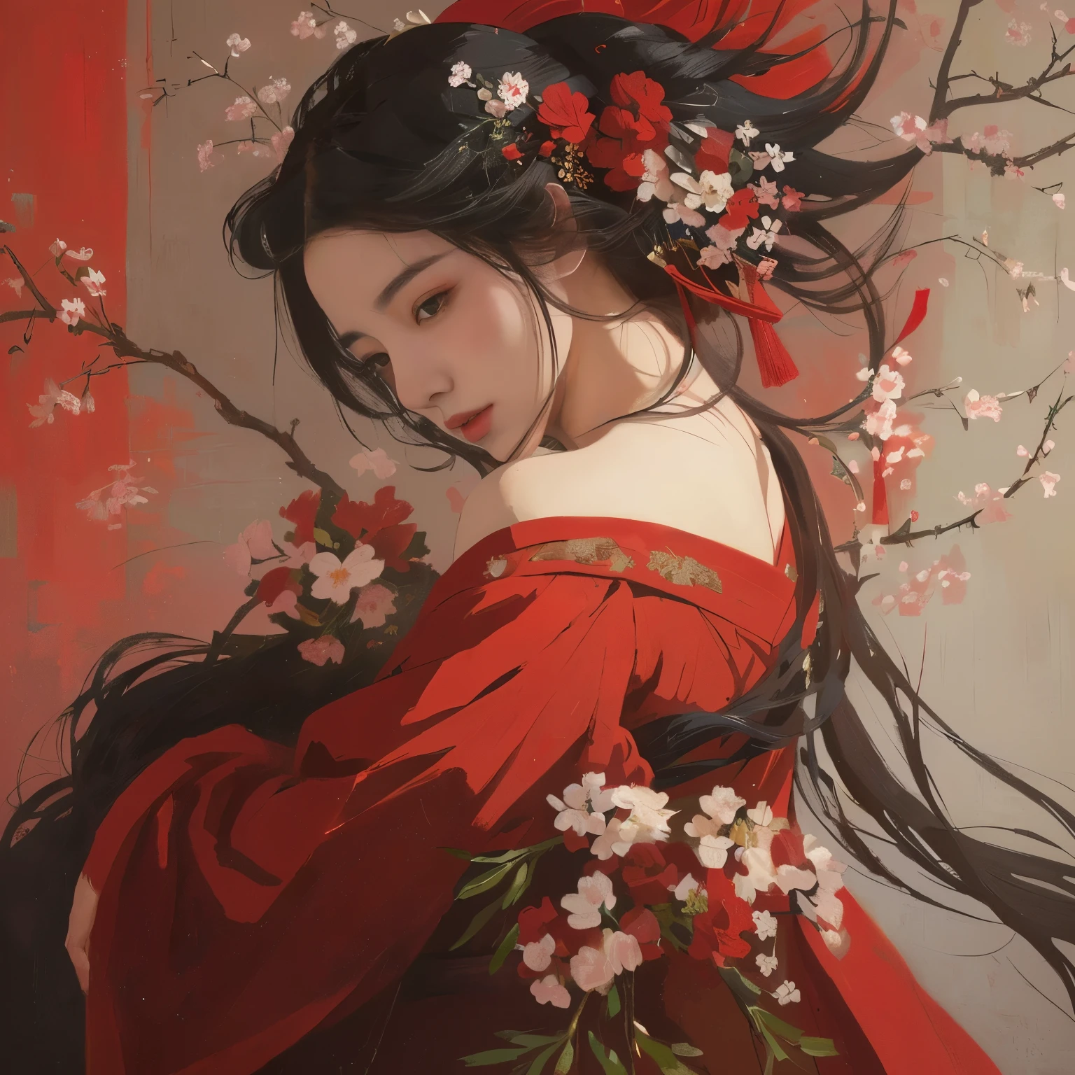 The painting shows a woman wearing a red dress、Woman with flowers on her head, Artwork in the style of Guweiz, guweiz, palace ， Girl wearing Hanfu, guweiz masterpiece, guweiz on pixiv artstation,guweiz on artstation pixiv, Japanese art style