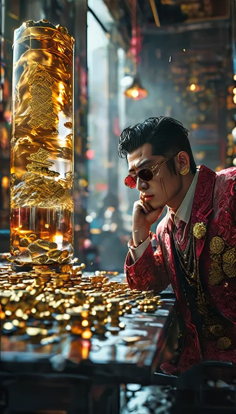 A Yakuza member counting stacks of yen, representing their economic influence, gold skin, gold effects, detail, shot, dramatic, ...