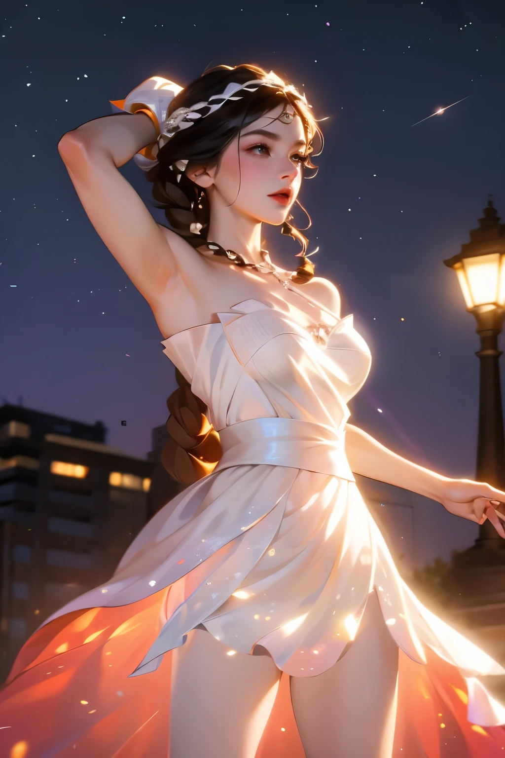 a woman posing on the street corner with orange dress on, best quality, 1 Girl, Big breasts, sky, bright, Blurred Background, Bokeh, outdoor, (street:0.8), (people, crowd:0.8), (off shoulder dress:1.2), Gorgeous, (Braided Bangs:1.2), 美丽细致的sky空, (Dynamic poses:1.2), soft light, wind, shiny skin, (Upper Body:0.8), (freckle:0.8), Mole under mouth, 