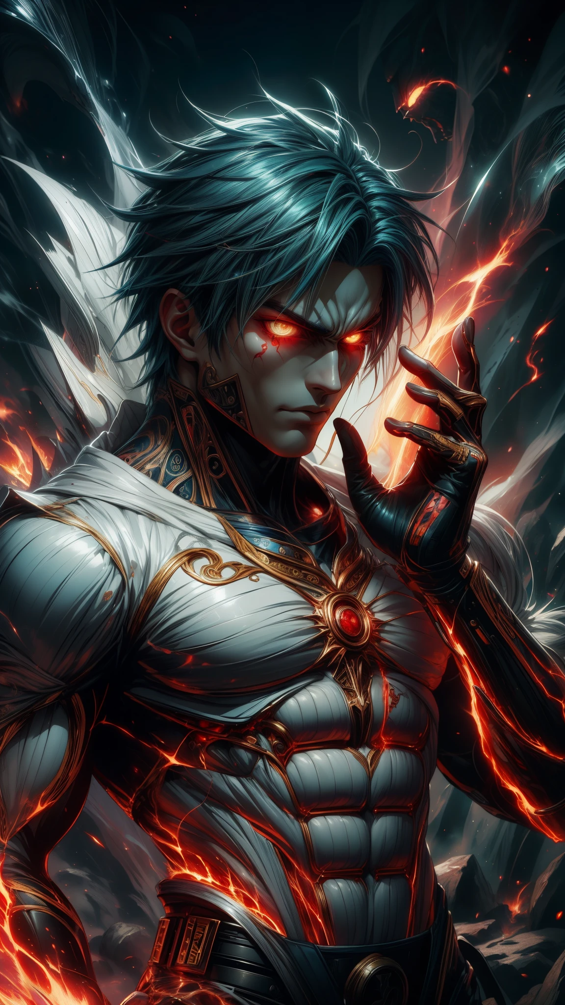 (Aesthetic, Hi-Res: 1.2), Get ready for a visual feast with Vegito 20 years old, solo, brilliant blue hair and tattoos, a creature with a handsome face and piercing golden eyes. In his transformed state, he radiates extreme instinct and power, creating an epic anime about this man of energy. See how he manipulates fire and lava in stunning anime artwork that will blow your mind. This concept art is straight from the Bleach Universe, with manga-style 8k wallpapers that will transport you to another dimension. Get ready to be amazed by this detailed piece of digital anime art, showcasing the ultimate combination of style and power.