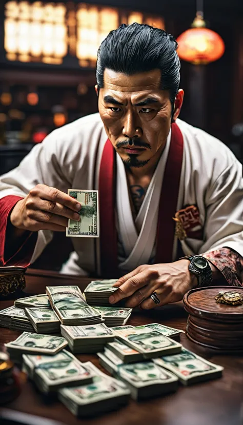 A Yakuza member counting stacks of yen, representing their economic influence, detail, shot, dramatic, daylight, indoor studio l...