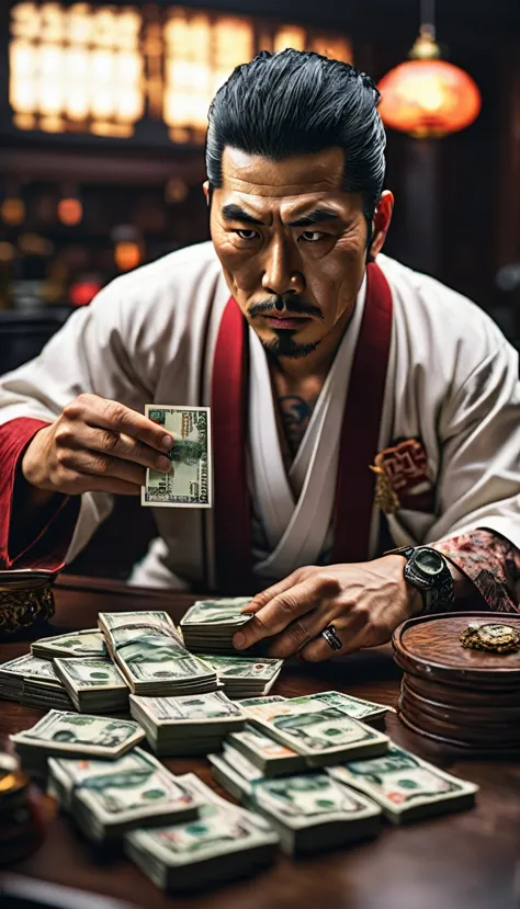 a yakuza member counting stacks of yen, representing their economic influence, detail, shot, dramatic, daylight, indoor studio l...