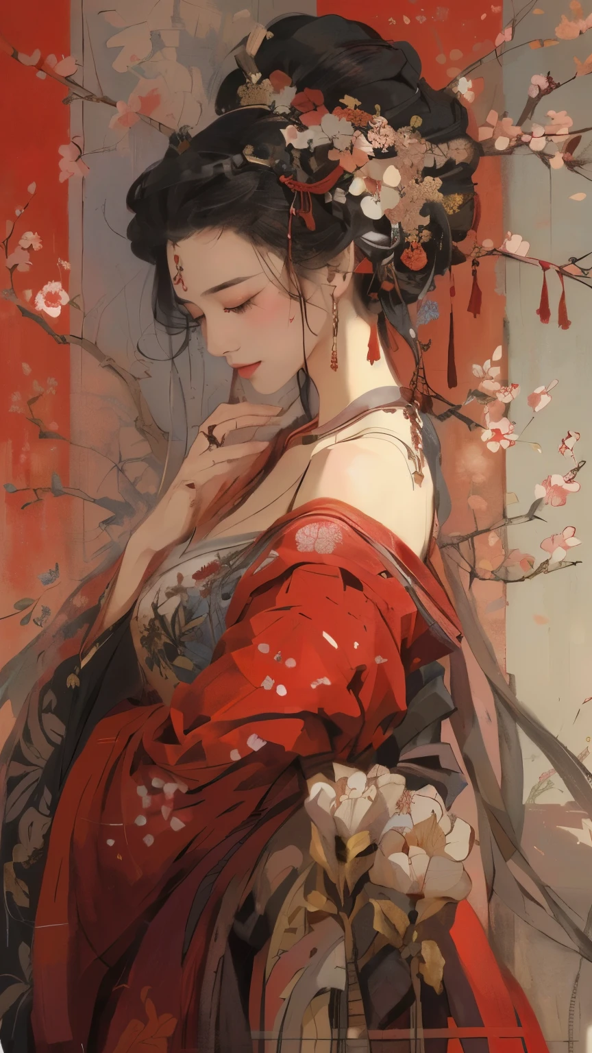 The painting shows a woman wearing a red dress、Woman with flowers on her head, Artwork in the style of Guweiz, guweiz, palace ， Girl wearing Hanfu, guweiz masterpiece, guweiz on pixiv artstation,guweiz on artstation pixiv, Japanese art style