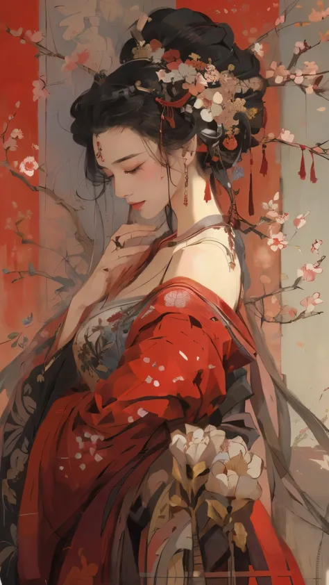 The painting shows a woman wearing a red dress、Woman with flowers on her head, Artwork in the style of Guweiz, guweiz, palace ， ...