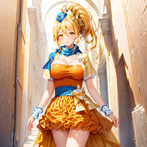 image of a female character with long blonde hair and an orange dress、solo、golden aura、permed ponytail、high ponytail、yellow eyed...