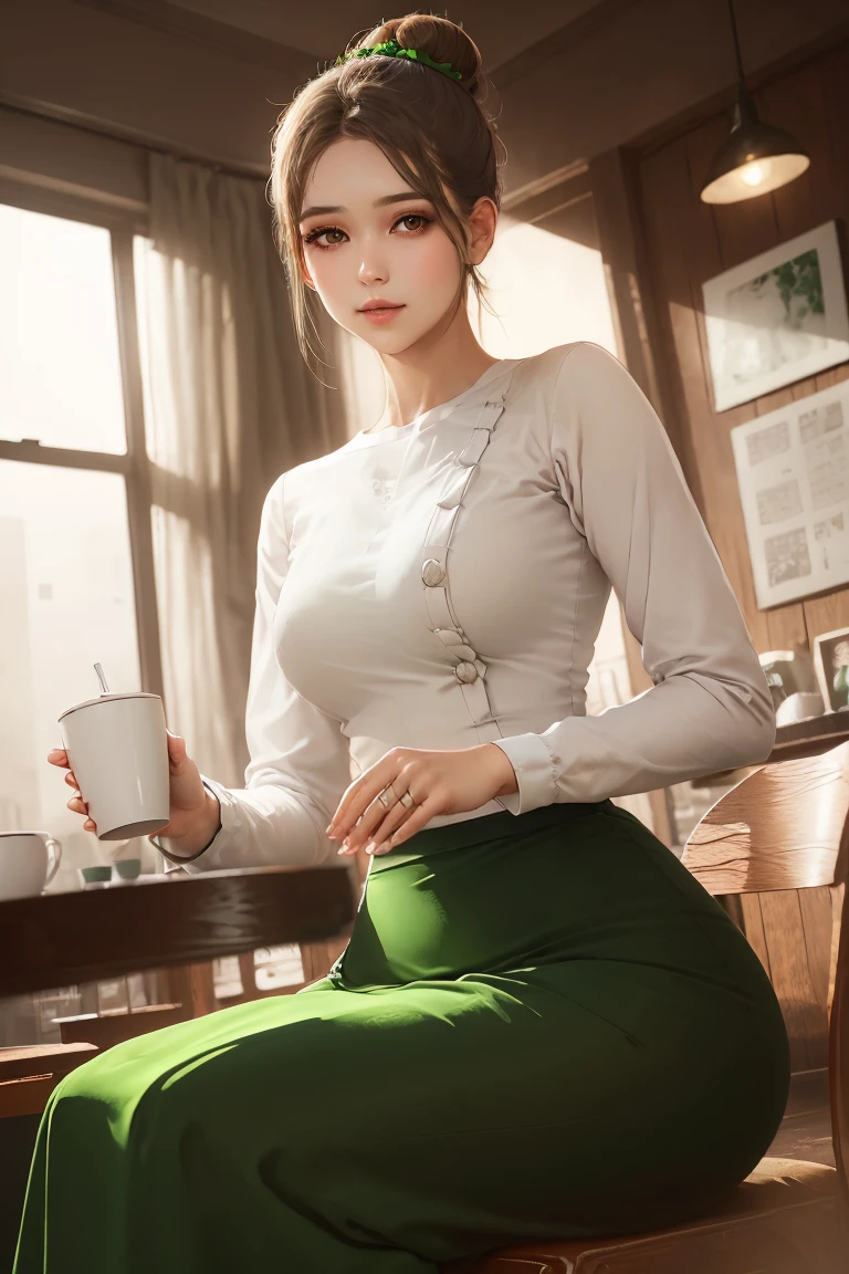 Portrait of a stunning young woman with a stylish hair bun, captivating gaze, and a warm atmosphere of a cozy coffee shop, realistic shading, fine details, exquisite lighting, digital painting, (wearing acmmsayarma outfit, acmmsayarma white top with buttons, long sleeves), ((acmmsayarma green long skirt))