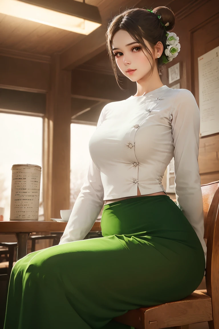 Portrait of a stunning young woman with a stylish hair bun, captivating gaze, and a warm atmosphere of a cozy coffee shop, realistic shading, fine details, exquisite lighting, digital painting, (wearing acmmsayarma outfit, acmmsayarma white top with buttons, long sleeves), ((acmmsayarma green long skirt))