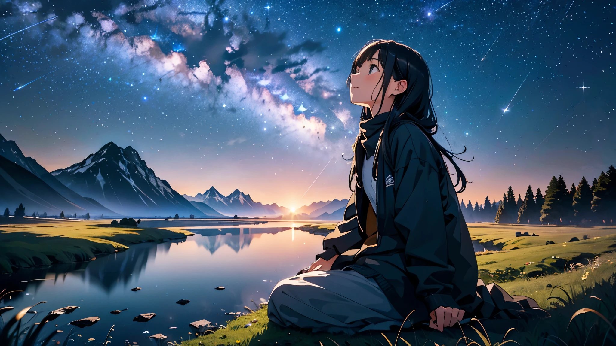 ((Detailed depiction of the face)),rounded corners, UHD, retina, high details, best quality, highres, 4K,n a night meadow, a young girl sits on the ground, placing her hands on the earth and looking up. The sky above is filled with a vast expanse of stars, and a meteor shower paints streaks of light across the celestial canvas. Countless shooting stars traverse the heavens as the girl gazes in awe. Surrounding her, darkness embraces the landscape, amplifying the brilliance of the stars. In this tranquil setting, the girl feels a profound sense of joy and wonder, as if she is connecting with the miracles of the universe. The quiet meadow imbues her with peacefulness and a touch of enchantment, while the radiance of the night sky envelops her soul.