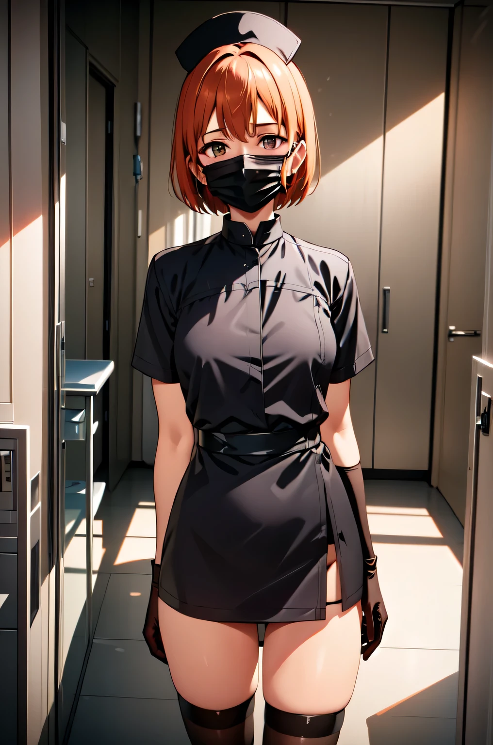 black nurse, 1girl, solo, black nurse cap, black nurse uniform, ((black legwear, zettai ryouiki)), black elbow gloves, very short hair, orange hair, ((black surgical mask, covered nose)), standing, ((surgery room)), sharp outline, short sleeves, tomboy, boyish, best quality, masterpiece