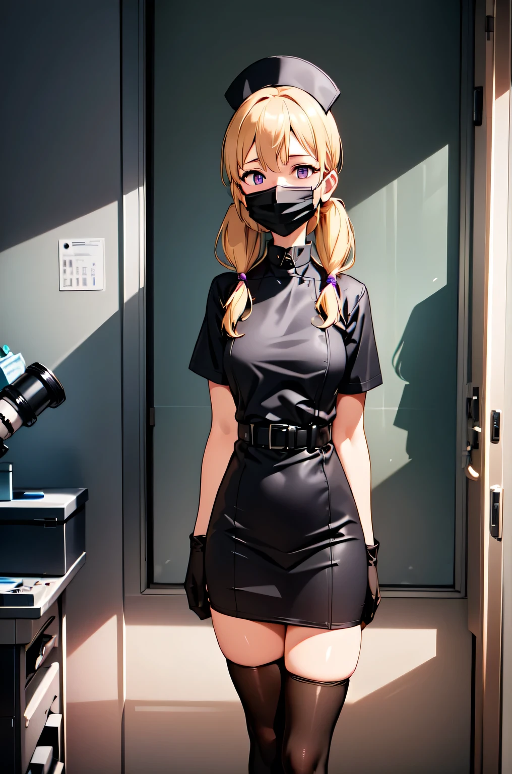 black nurse, 1girl, solo, black nurse cap, black nurse uniform, ((black legwear, zettai ryouiki)), black elbow gloves, twintails, yellow hair, purple eyes, ((black surgical mask, covered nose)), standing, ((surgery room)), sharp outline, short sleeves, best quality, masterpiece