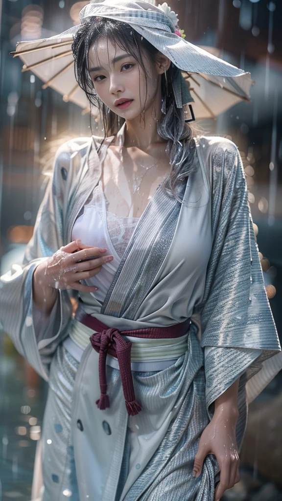 (RAW shooting:1.5, Photorealistic:1.5, 16k, highest quality, masterpiece, Ultra-high resolution), Perfect dynamic composition:1.3, (heavy snow, On a cliff on a precipitous cliff, Great background, Expressions of sadness:0.9), Highly detailed skin and facial textures:1.3, Wet slim woman:1.2, Random Shot, Fair skin:1.2, Mysterious portrait:1.1, Incredibly slim body:1.2, aesthetic:1.1, Very beautiful face:1.2, Water droplets on the skin, (Rain dripping down on my body:1.1, Wet body:1.1, Wet Hair:1.1), (Professional kimono dressing:1.1, With a wet bouquet:1.2, The correct way to wear a wet silver kimono:1.3), (Shapely breasts, Chest gap),  (Beautiful erotic eyes:0.8, Beautiful, erotic lips:0.8), (Too erotic:0.9, Fascinating:0.9), necklace, Earrings, bracelet