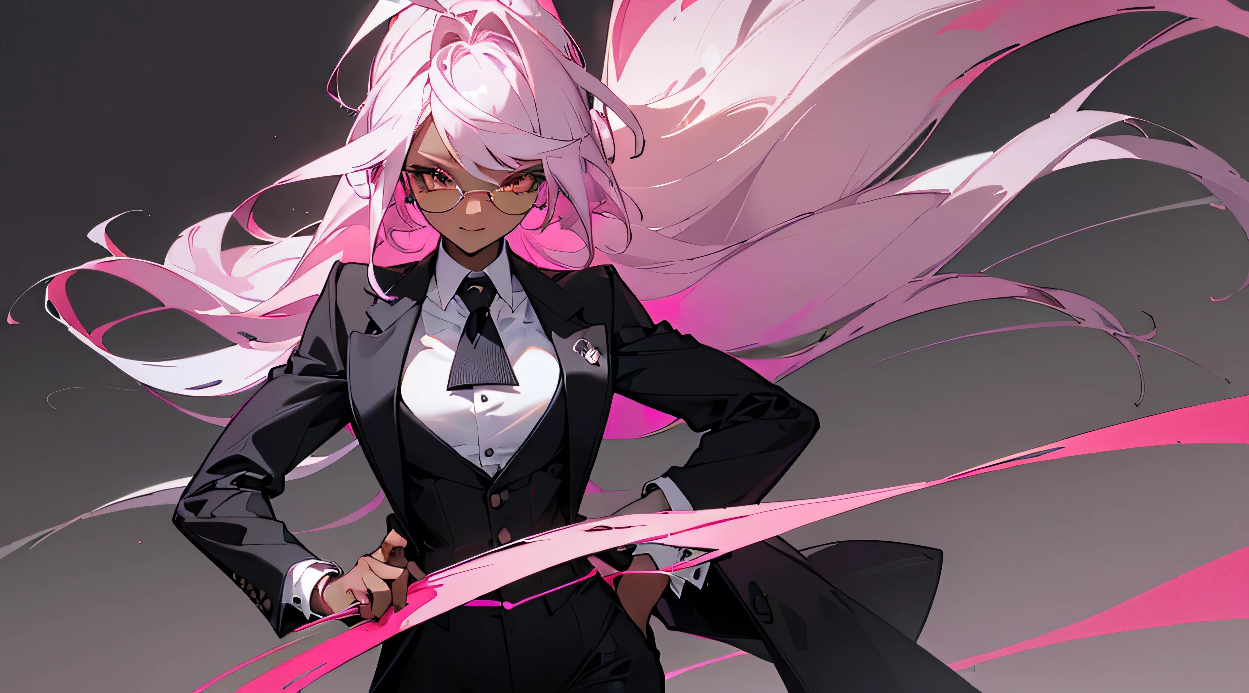 (highest quality、masterpiece:1.2) 1 Female、adult、((Dark skinned women、white hair, pink hair, unbalanced hair、Hair over the ears)) Golden Eyes、Glasses、((Black business suit、Black tailored jacket、White shirt、Black pantsuit)), (Malicious smile), sharp eye, jacket lift, 