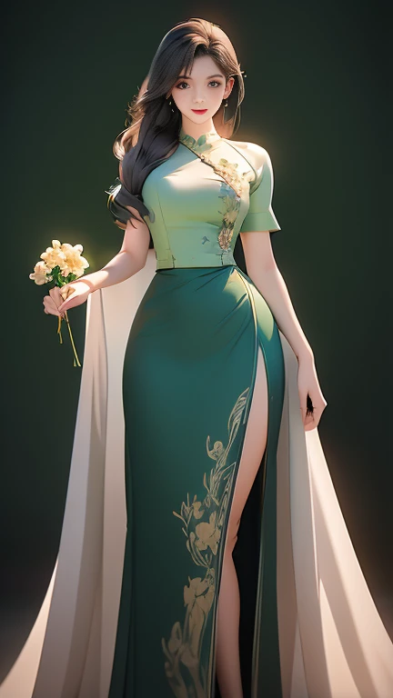 Бирманская девушка с привлекательными пышными формами во все тело.  Друзья в бикини в полный рост, (Зеленое платье) светоотражающее длинное платье, расписанное цветочными узорами, только платье.  привет бедра Высокое разрешение Естественный фон высокого разрешения Высокое разрешение HD 3D,  8K мультяшное аниме 