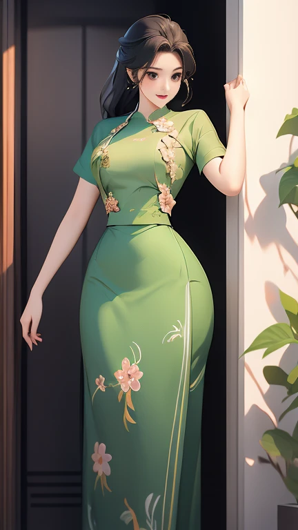 Бирманская девушка с привлекательными пышными формами во все тело.  Друзья в бикини в полный рост, (Зеленое платье) светоотражающее длинное платье, расписанное цветочными узорами, только платье.  привет бедра Высокое разрешение Естественный фон высокого разрешения Высокое разрешение HD 3D,  8K мультяшное аниме 