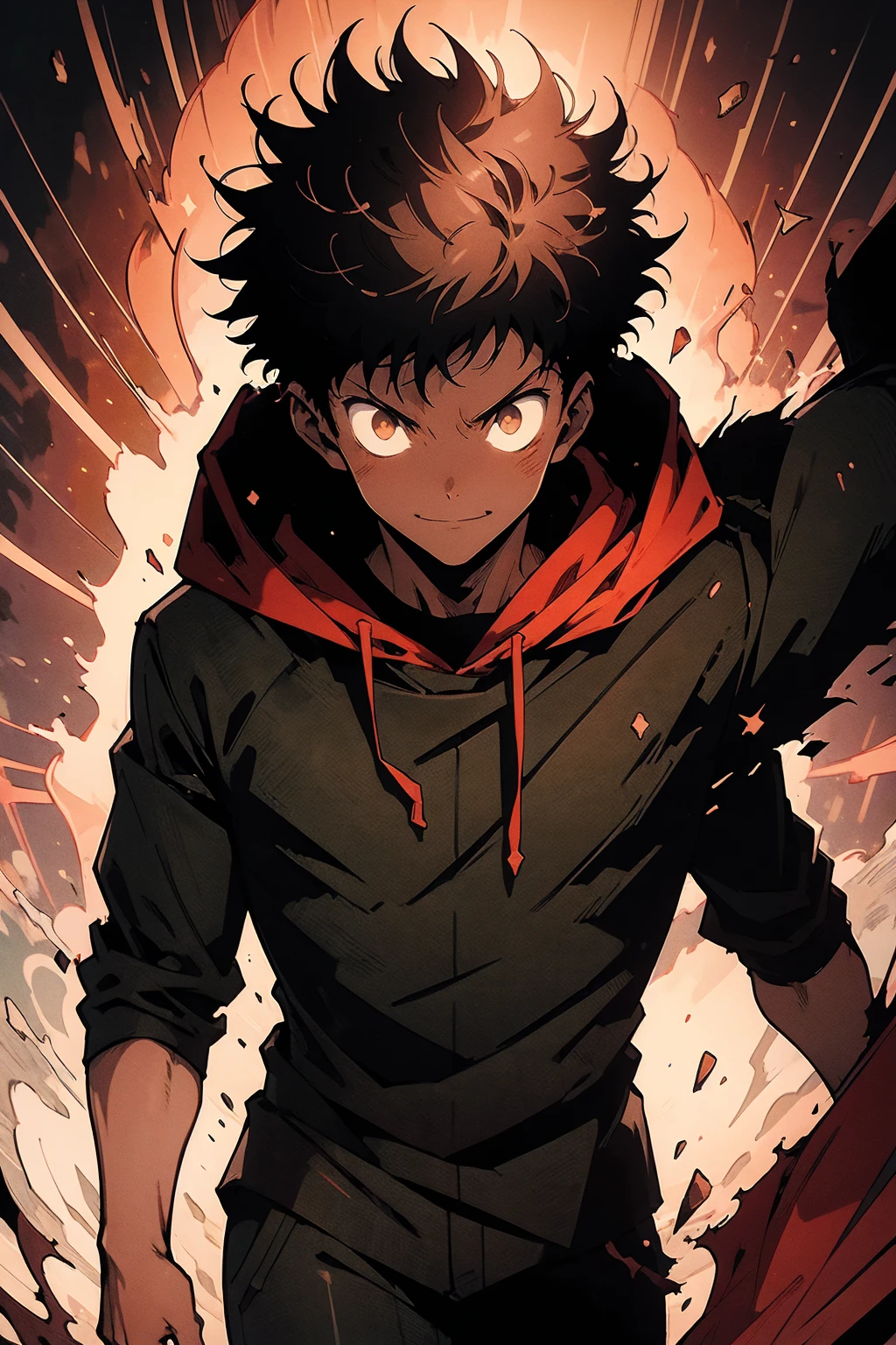 ((illustration)), (best quality)), ((masterpiece)), (simple detail), comic cover, a young man spreading his arms wide while explosion happens behind him, dark shadows covers his front, Dark hoodie, evil smile, solo: 2, ragemode, destruction, itadori yuuji