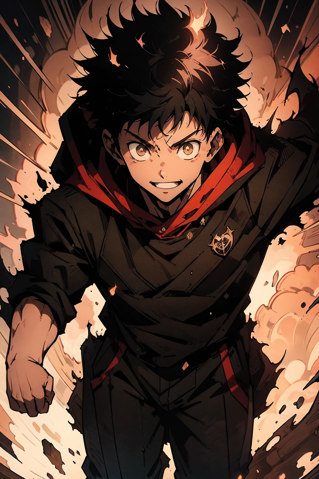 ((illustration)), (best quality)), ((masterpiece)), (simple detail), comic cover, a young man spreading his arms wide while explosion happens behind him, dark shadows covers his front, Dark hoodie, evil smile, solo: 2, ragemode, destruction, itadori yuuji, black hair,