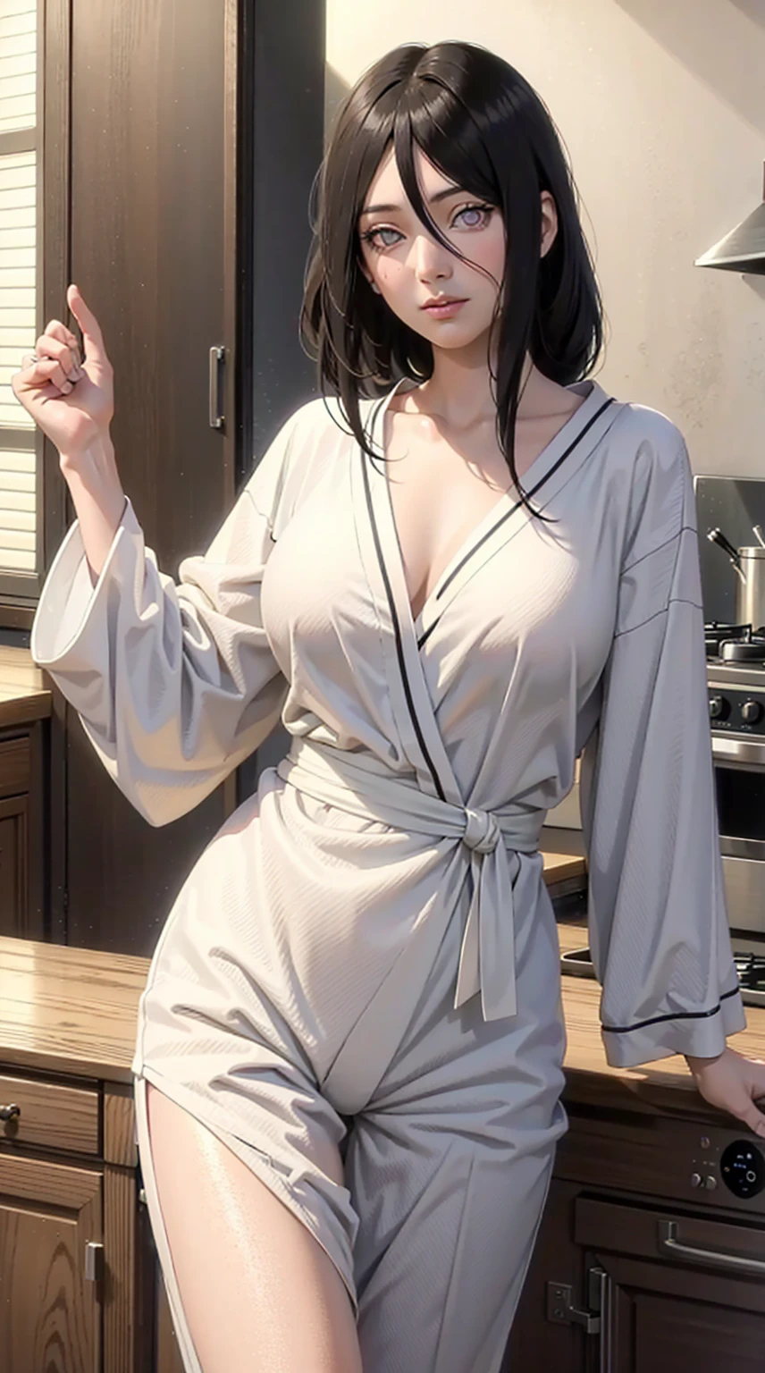 hyuuga hanabi, long hair tied low, hair band, hana purple eyes, beautiful, beautiful woman, perfect body, perfect breasts, wearing white pajamas, pajamas, sleepwear, in the kitchen, clear kitchen, looking at the audience, a slight smile, realism, masterpiece , textured leather, super detail, high detail, high quality, best quality, 1080p, 16k