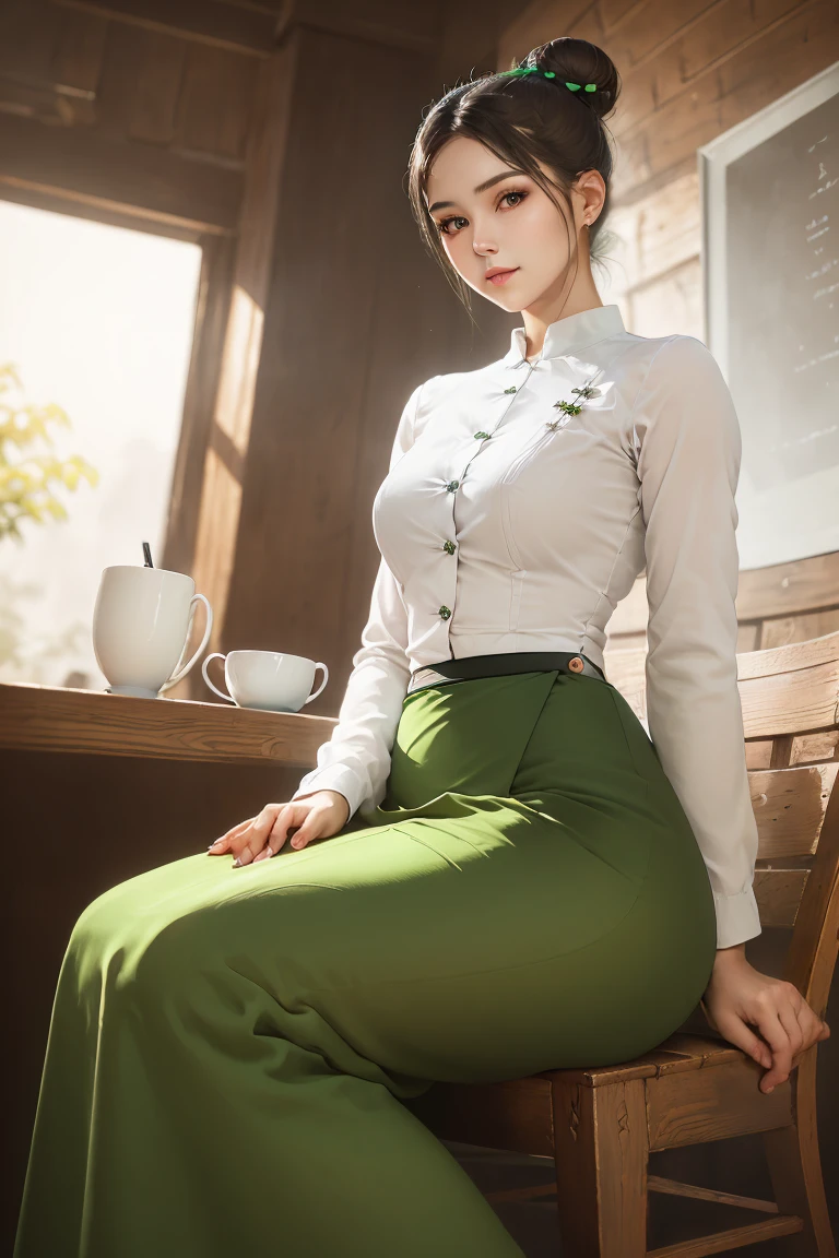 Portrait of a stunning young woman with a stylish hair bun, captivating gaze, and a warm atmosphere of a cozy coffee shop, realistic shading, fine details, exquisite lighting, digital painting, (wearing acmmsayarma outfit, acmmsayarma white top with buttons, long sleeves), ((acmmsayarma green long skirt))