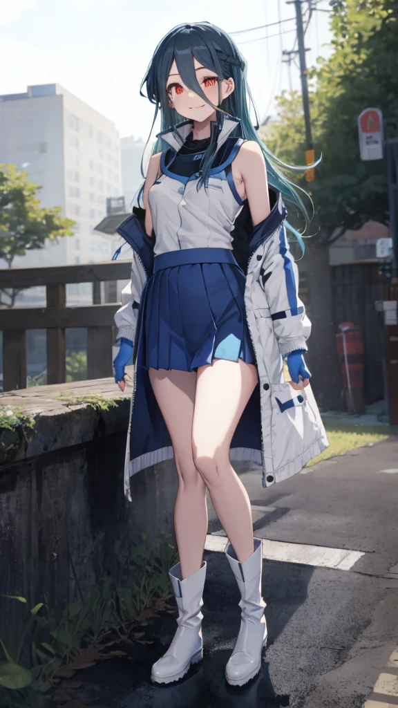 (full body),Blue Hair,Red eyes,Medium chest,uniform,No sleeve, Exposing shoulders, Elbow hand pockets, Blue gloves, Fingerless gloves, Blue Skirt, White jacket, Blue footwear, boots,Outdoor,smile, Mouth closed, Are standing,Lower Body,Thick thighs