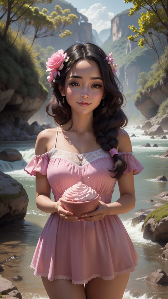 masterpiece, Best Quality, cinematic lighting, ultra detailed, 8K definition, 1 beautiful girl, beautiful face, gentle smile, calm facial expression, pink almond eyes, black hair, collected in buns, beautiful body, gigantic breasts, G Cup, with a candy in his right hand, in a pink forest，world of sweets，lollipops，Wide plan，Outstanding lighting effects，candy peak，Cream CloudsMarshmallow Clouds，juice river，blue sky