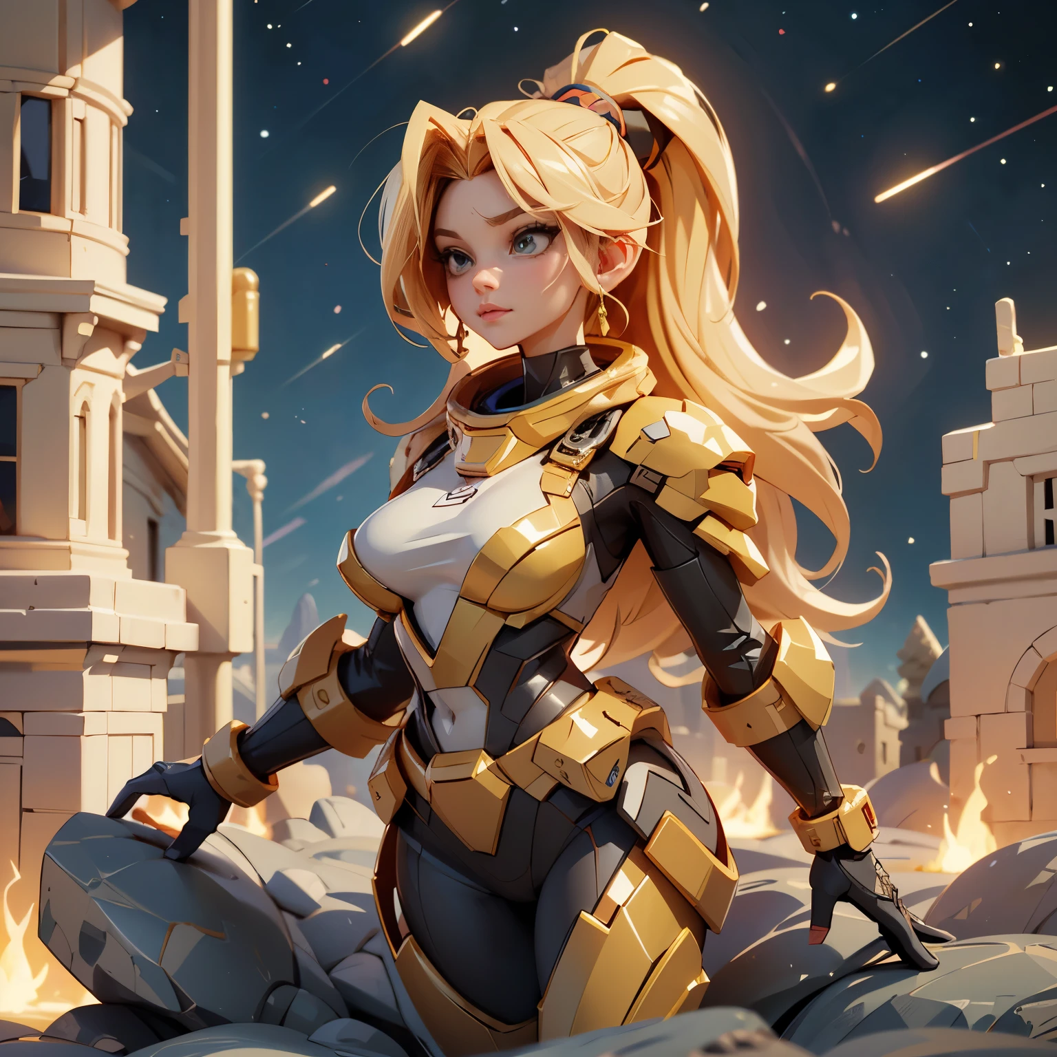 (High resolution、masterpiece:1.2)、Very detailed、(Realistic:1.37)、sf、Adventurer、Explore ancient ruins、Gorgeous detailed face and figure、Ideal ratio、Big Breasts、Beautiful long straight hair tied in a braided ponytail、bionde、Dynamic pose、Dynamic Angle、treasure hunter、interstellar background、advanced technology、Shining Light、Extraterrestrial relics、Exciting action、Breathtaking scenery、Incredibly detailed alien architecture、Fantastic colors、Heavenly atmosphere、Out-of-this-world scenery、laser weapon、Intense emotions、Adrenaline-pumping adventure、Thrilling suspense、Action-packed quests。distant future、Young and beautiful woman、With stunning features and a perfect body type、Depicted as a bold and fearless treasure hunter、Explore the depths of ancient extraterrestrial ruins in space。This work、Incredible High Resolution（highest quality、4K、8k、High resolution、masterpiece：1.2）とVery detailed（Realistic：1.37）Take pride in your portrayal、The face of the hero、body、Capture every intricate detail of your surroundings。This work focuses on the science fiction genre.、advanced technology、Fascinating interstellar background、Introducing another world of scenery。Character dynamic pose and angle、Add energy and adventure to your scene.。彼女の長く美しいbiondeの髪は細心の注意を払ってポニーテールに編み込まれており、Enhance aesthetics、Adds elegance to the overall appearance。treasure hunterとして、She sir々Encounter amazing ruins and ancient structures。They are painted in exquisite detail and fantastic colors.、The heavenly atmosphere captivates the audience.。In this job、The protagonist embarks on a thrilling adventure、It is characterised by intense emotions and adrenaline-pumping action as you face dangerous challenges.。.。Laser weapons and futuristic elements create a sci-fi atmosphere.、Providing viewers with a visually stunning and immersive experience、MyNataLee Women、cr1r3、Natural Breasts、
