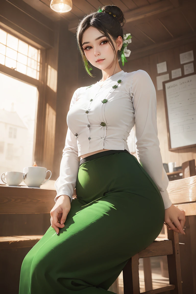 Portrait of a stunning young woman with a stylish hair bun, captivating gaze, and a warm atmosphere of a cozy coffee shop, realistic shading, fine details, exquisite lighting, digital painting, (wearing acmmsayarma outfit, acmmsayarma white top with buttons, long sleeves), ((acmmsayarma green long skirt))