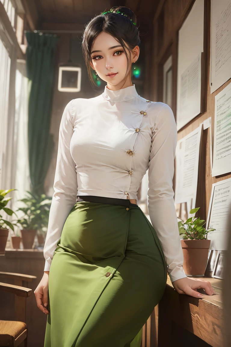 Portrait of a stunning young woman with a stylish hair bun, captivating gaze, and a warm atmosphere of a cozy coffee shop, realistic shading, fine details, exquisite lighting, digital painting, (wearing acmmsayarma outfit, acmmsayarma white top with buttons, long sleeves), ((acmmsayarma green long skirt))