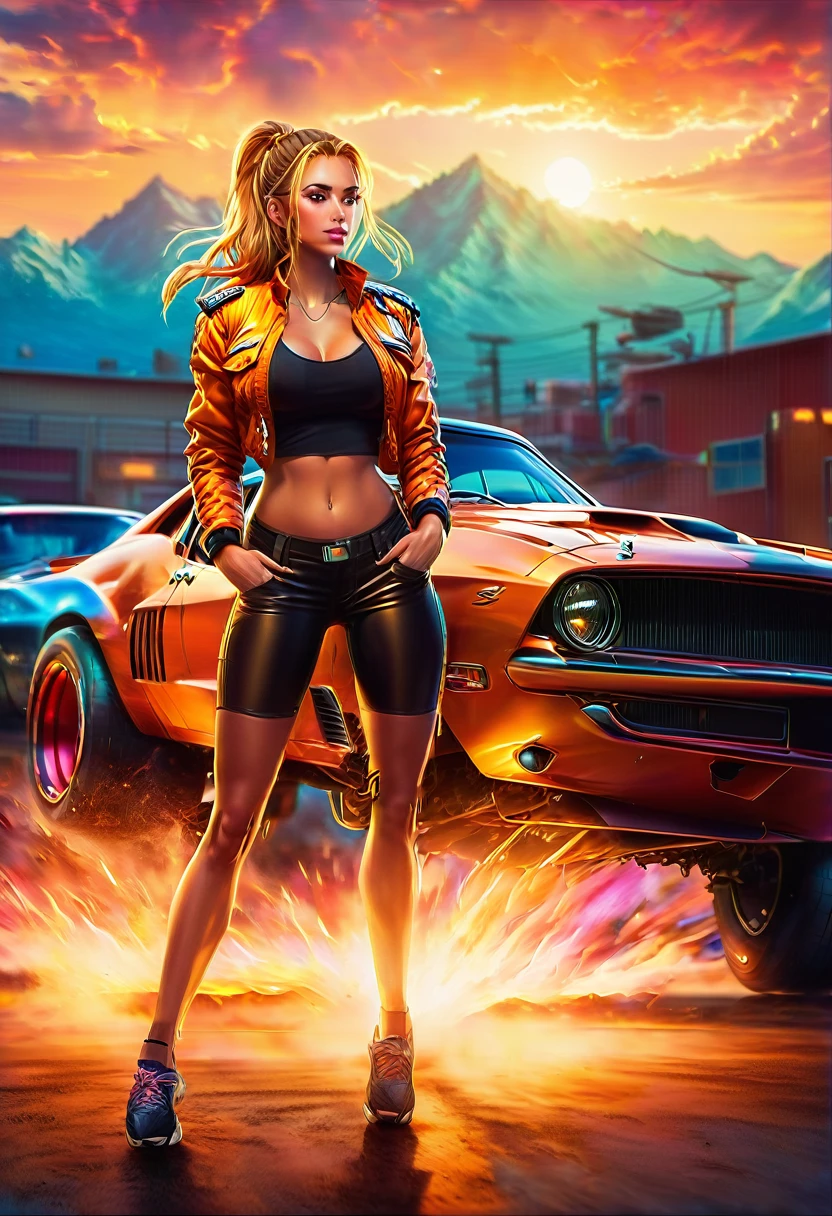 A young woman wearing (tight, fitted, snug) high cut booty shorts and cropped shirts stands between two (powerful, sleek) Muscle Cars to start a race, engine roaring, in the backdrop of a vibrant Sunset. (Best quality, 4k, highres, masterpiece:1.2), ultra-detailed, (realistic, photorealistic, photo-realistic:1.37) prompt, with (HDR, UHD) quality and (studio lighting, sharp focus), high ponytail, copper-blonde hair, large breasts, bright light, perfect eyes, skin blemish, detailed skin, full person



