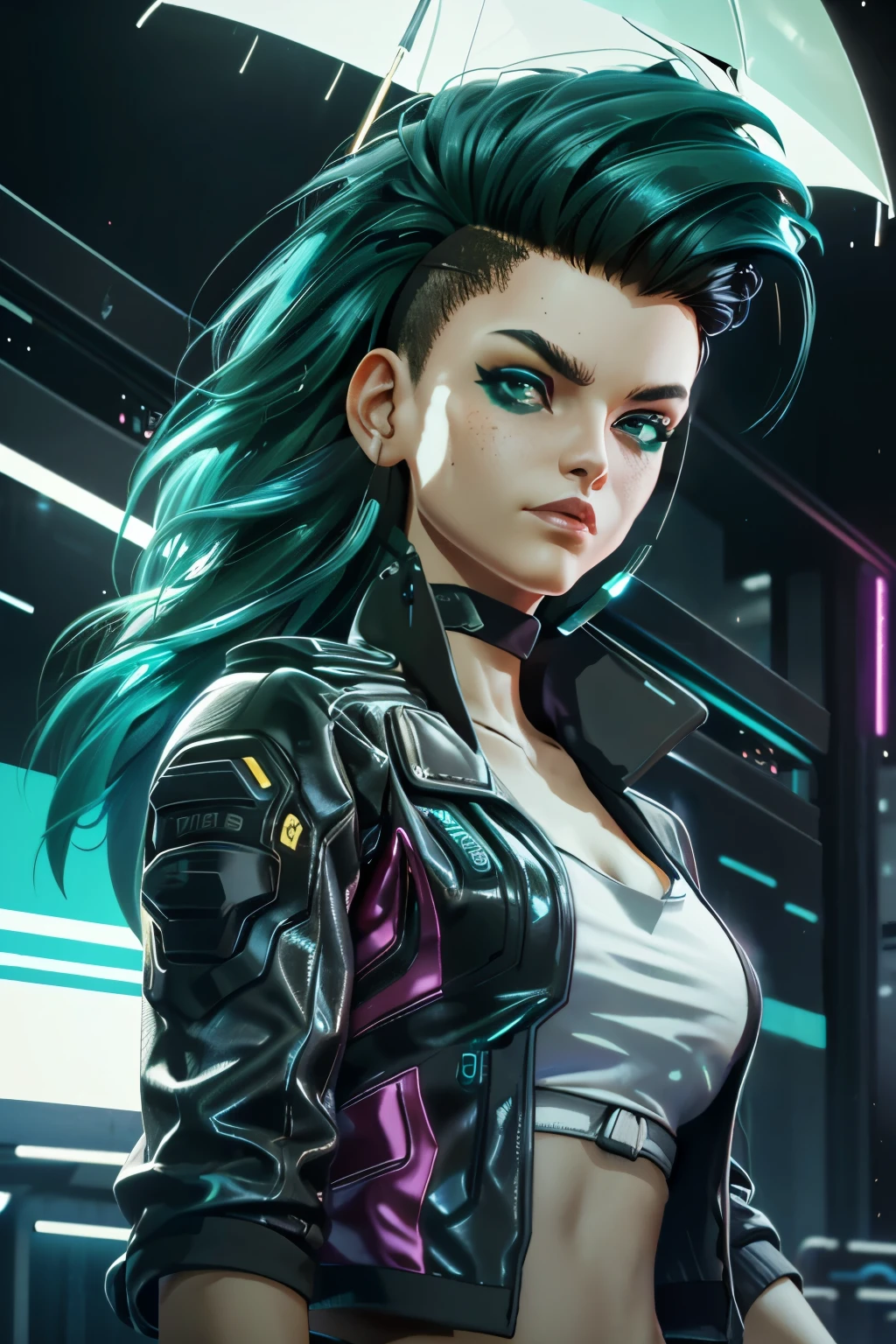 A woman with medium breasts, green hair and black leather jacket standing in the rain ((masterpiece, best quality)) CyberRogueYoung, 1girl, aqua hair, make up, long hair, futuristic cityscape, night, vibrant and neon-lit with a futuristic glow,