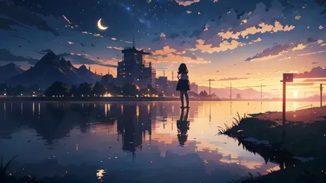 High quality masterpiece, landscape, One Grand Piano。Before the sun rises、Star of the sky、Crescent Moon。 Pixiv, Concept Art, Lof...