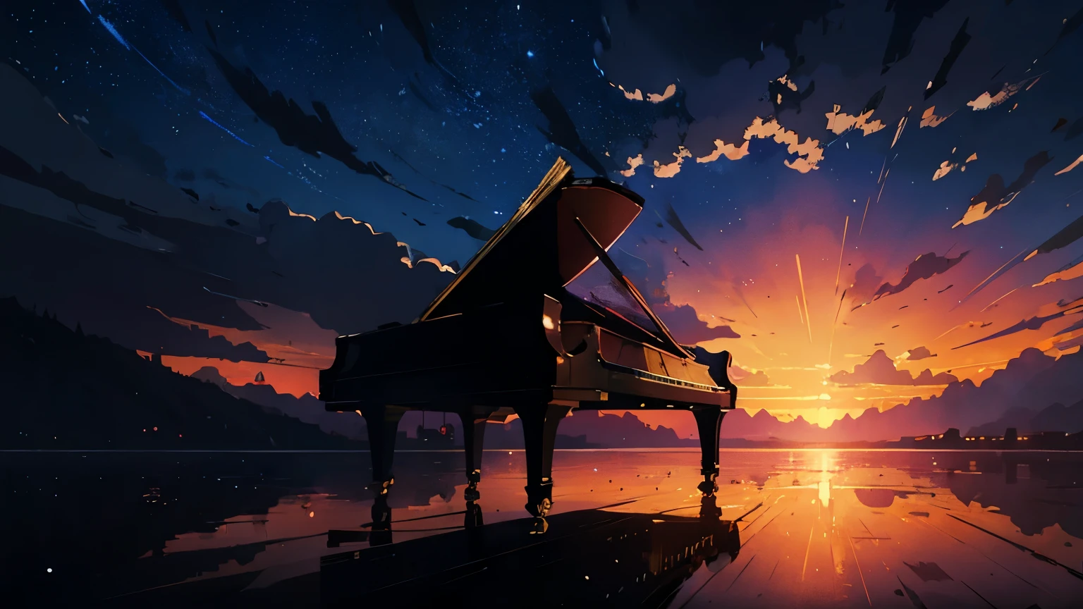 High quality masterpiece, landscape, One Grand Piano。Before the sun rises、Star of the sky、Crescent Moon。 Pixiv, Concept Art, Lofi Art style, reflection. by makoto shinkai, Lofi Art, Beautiful anime scene, BREAK Anime landscape, detailed landscape — width 672, in Makoto Shinkai&#39;s Style, Makoto Shinkai&#39;s Style, Enhanced detailed, BREAK,detailed,Realistic,Highly detailed digital art in 4K,Octane Rendering, bioluminescent, BREAK 8K resolution Concept Art, Realism,By Mappa Studio,masterpiece,highest quality,Official Art,figure,Clear lines,(nice_Farbe),Perfect composition,absurdes, Fantasy,Concentrated,Three-part method
