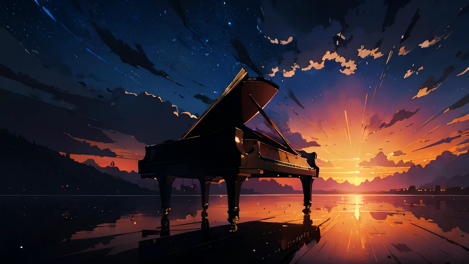 High quality masterpiece, landscape, One Grand Piano。Before the sun rises、Star of the sky、Crescent Moon。 Pixiv, Concept Art, Lofi Art style, reflection. by makoto shinkai, Lofi Art, Beautiful anime scene, break Anime landscape, detailedなlandscape —幅672, in Makoto Shinkai&#39;s Style, Makoto Shinkai&#39;s Style, 強化されたdetailed, break,detailed,Realistic,Highly detailed digital art in 4K,Octane Rendering, Bioluminescent, break 8K resolution Concept Art, realism,By Mappa Studio,masterpiece,highest quality,Official Art,figure,Clear lines,(nice_color),Perfect composition,Absurd, Fantasy,Concentrated,Three-part method
