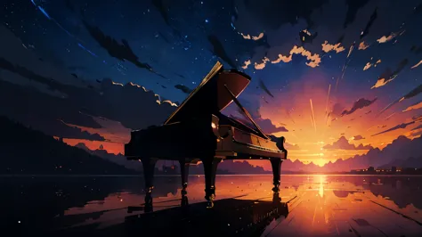 High quality masterpiece, landscape, One Grand Piano。Before the sun rises、Star of the sky、Crescent Moon。 Pixiv, Concept Art, Lof...