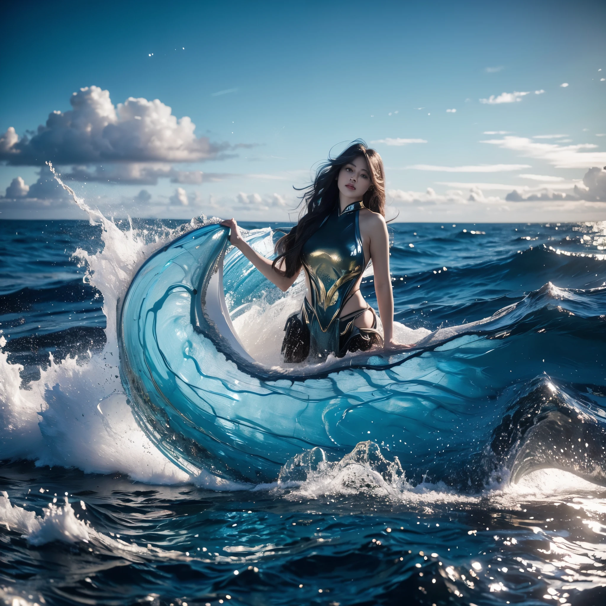 (8k RAW Photo, high detail, crisp detail, rich detail), vonzy, vonnyfelicia, blue haired, young sea goddess, splitting sea, creating big tidal wave in the middle of ocean, big breast, sexy golden armor,giant water dragon behind, tidal wave background