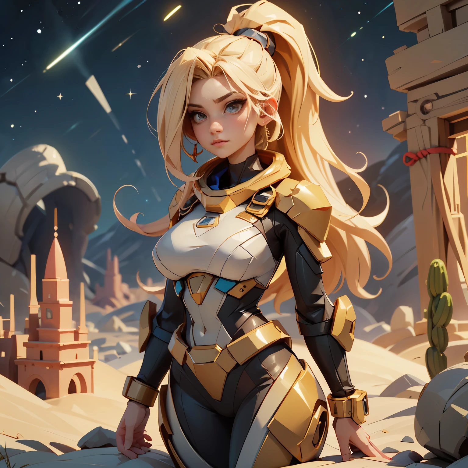 (High resolution、masterpiece:1.2)、Super detailed、(Photorealistic:1.37)、sf、Adventurer、Explore ancient ruins、Gorgeous detailed face and figure、Ideal proportions、Big Breasts、Beautiful long straight hair tied in a braided ponytail、bionde、Dynamic pose、Dynamic angle、treasure hunter、interstellar background、Advanced technology、Glowing Light、Extraterrestrial relics、Exciting action、Breathtaking landscapes、Amazingly detailed alien architecture、Ethereal colors、Heavenly atmosphere、Out-of-this-world scenery、laser weapon、Intense emotions、Adrenaline-pumping adventure、Thrilling suspense、Action-packed quests。Distant future、A young and beautiful woman、With stunning features and a perfect body type、Depicted as a bold and fearless treasure hunter、Explore the depths of ancient extraterrestrial ruins in outer space。This work、Incredible High Resolution（highest quality、4K、8k、High resolution、masterpiece：1.2）とSuper detailed（Photorealistic：1.37）Proud of its depiction of、The face of the hero、body、Captures every intricate detail of the surrounding environment。sfジャンルに重点を置いたThis work、Advanced technology、Fascinating interstellar background、Introducing the scenery of another world。Character dynamic pose and angle、It adds energy and a sense of adventure to the scene.。彼女の長く美しいbiondeの髪は細心の注意を払ってポニーテールに編み込まれており、Enhances aesthetic appeal、Adds elegance to the overall appearance。treasure hunterとして、She encounters various relics and ancient structures。They are painted in ethereal colors with exquisite detail.、The celestial atmosphere captivates the audience.。In this work、The protagonist engages in a thrilling quest、It also features intense emotions and adrenaline-pumping action as you face dangerous challenges.。laser weaponと未来的な要素がsfの雰囲気を醸し出し、Providing viewers with a visually stunning and immersive experience、mynatalee woman、cr1r3、natural breasts