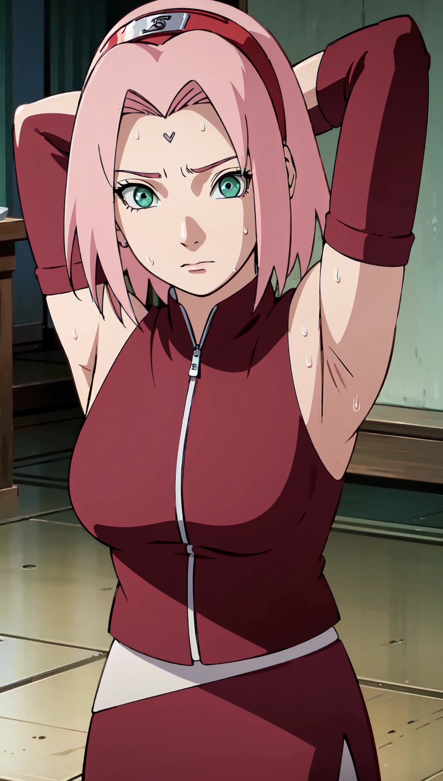 sakura shippuden, Red jacket, Bandaged leg, skirt, Closed-toe footwear, Black shorts, Sleeveless, bangs, Green Eyes, Large Breasts, Forehead protector, Symbol of Konohagakure, Black gloves, perfection, masterpiece, (highest quality, High resolution:1.2), One Girl, Beautiful details, Beautiful lip detail, Highly detailed eyes and face, Long eyelashes, Moderate:Oil, Vibrant colors, High resolution, Studio Lighting, Ultra-fine painting, Sharp focus, Physically Based Rendering, Very detailed explanation, Portraiture, ((Well-formed fingers)), Bent body, Big Breasts, perfectionな形, In-person audience, Sweatをかいた,  ((Arms behind head、Sweat、Dirt、土Dirt、Both armpits exposed)),  Outdoor、Rocky area