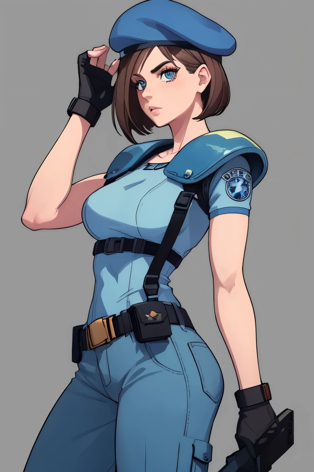 Jill Valentine, masterpiece, best quality, 1girl, solo, standing, jillre1, beret, uniform, shoulder pads, short sleeves, harness, belt, pants, unmoving pattern, peitos grandes, bunda grande, ela esta mostrando a lateral, pernas abertas, bunda grande, decote, peitos grandes, ela esta olhando para a lateral, 