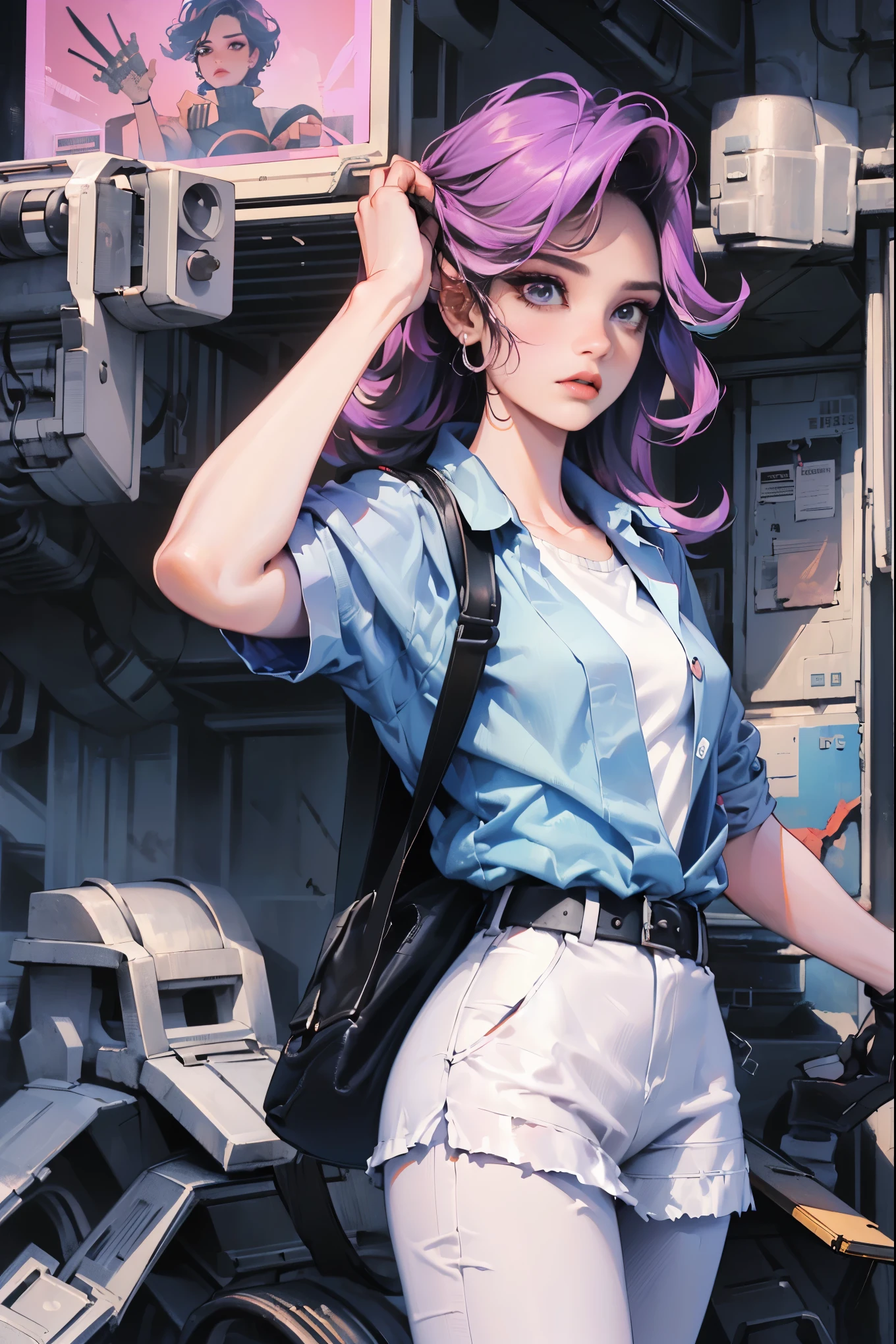 ((Best Quality)), ((Masterpiece)), (hyper detailed:1.3),8k, 3D,HD, beautiful (cyberpunk:1.3) Woman with wavy and voluminous hair in modern style.,((with weapons in hands)), (( (futuristic mad max movie style backdrop)))