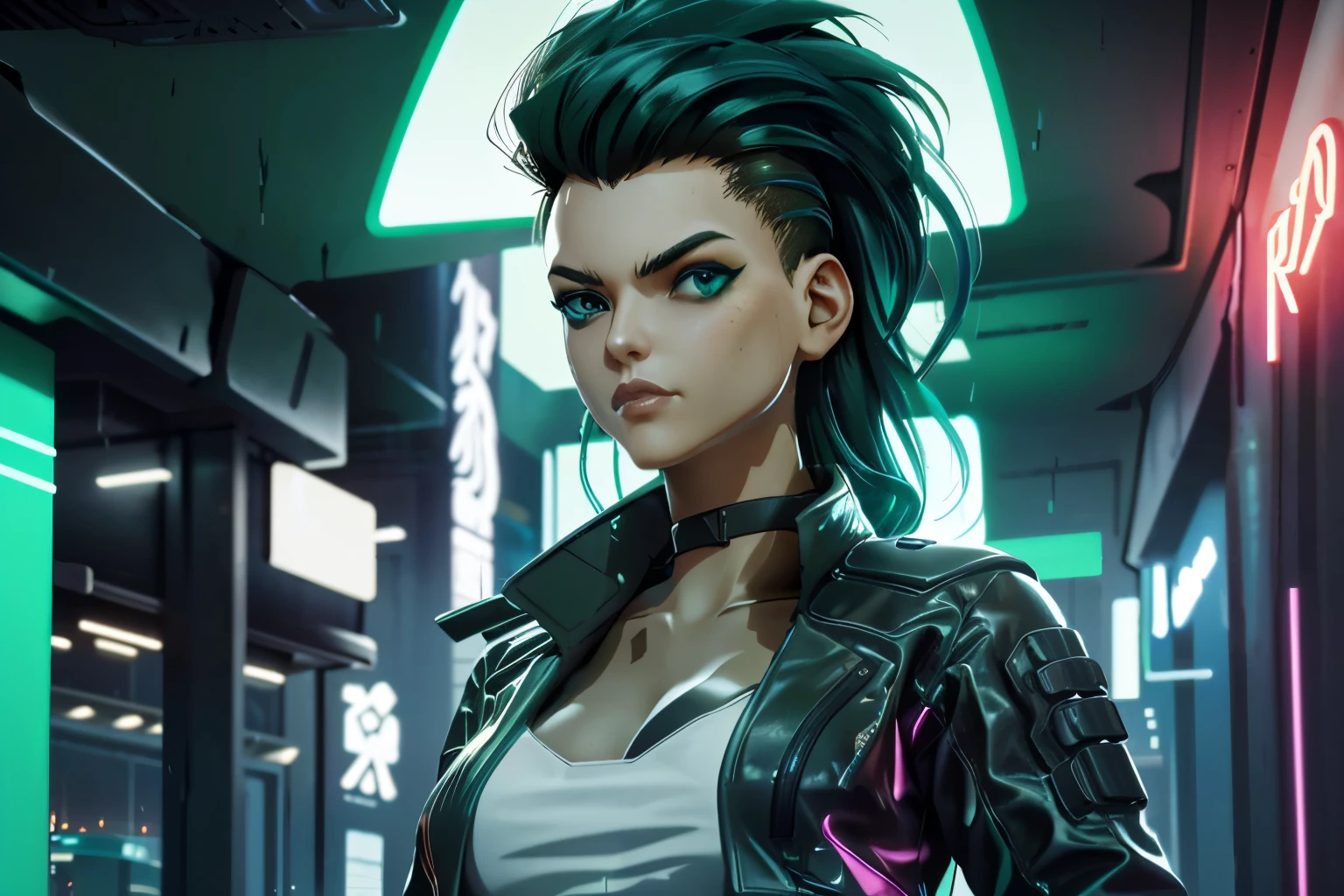 A woman with medium breasts, green hair and black leather jacket standing in the rain ((masterpiece, best quality)) CyberRogueYoung, 1girl, aqua hair, make up, long hair, futuristic cityscape, night, vibrant and neon-lit with a futuristic glow,