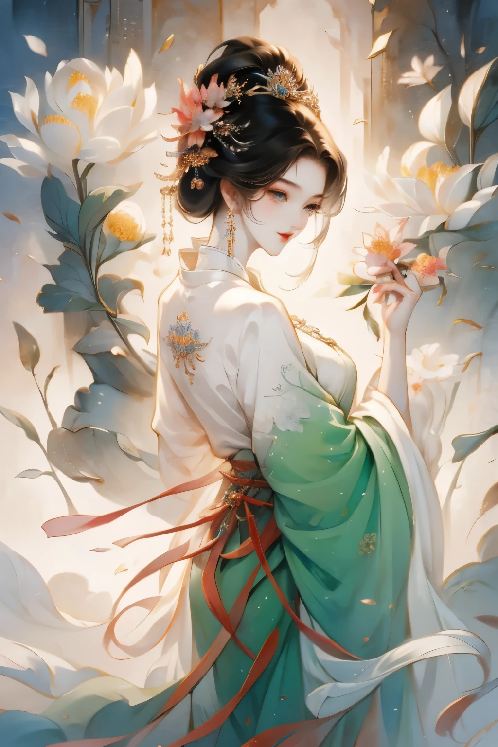 [Tarot:1.4]，Symmetrical，daughter，Full body female love，Put your hands together and bloom，（Very detailed:1.1），masterpiece，very good，best quality，8k dynamic，Limb Stretch，Close-up of smart woman，She wears a fan and flowers on her head, Beautiful fantasy queen, 中国王子Beautiful fantasy queen)), palace ， Girl wearing Hanfu, Asian Dynasty Princess, Chinese Princess, queen of china, Beautiful character painting, Rendering of Tang Dynasty beauties, Inspired by Lan Ying, Royal elegance, Chinese art style
