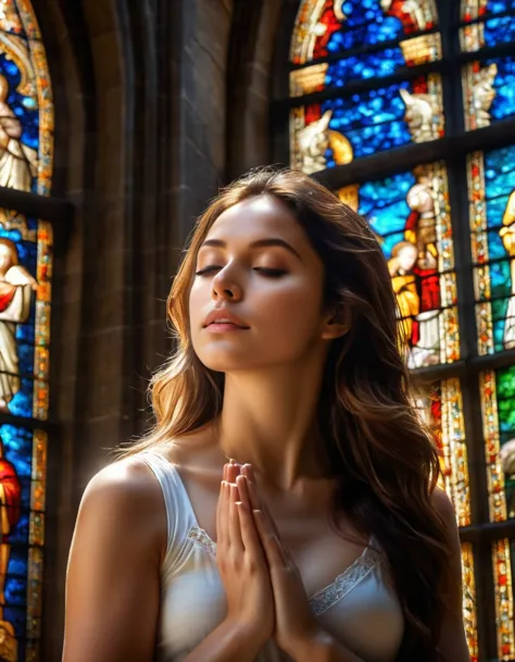 (best quality,4k,8k,highres,masterpiece:1.2),ultra-detailed,(realistic,photorealistic,photo-realistic:1.37),cathedral,girl prayi...